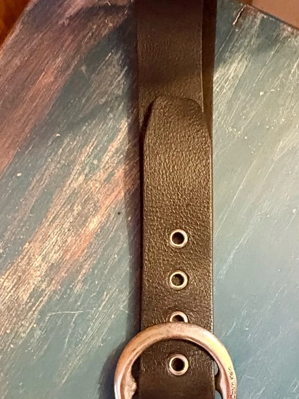 Vintage Y2K Calvin Klein Black Leather Belt with Round Antiqued Silver Buckle
